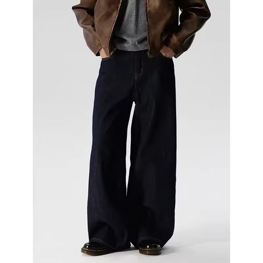 American Retro Black Washed Loose Men's Jeans Knife Shape Wide Leg Straight Cut Denim Pants Casual High End Feeling