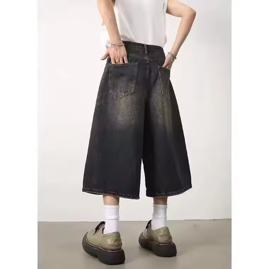 American Style Vintage Men's Jeans Loose Fit Wide Leg Straight Leg Denim Shorts Sensibility Design For Summer Wholesale
