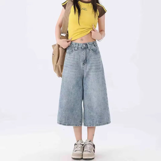 Summer Loose Fit Blue Jeans Shorts Women's Wide Leg Straight Cut Pants Casual Thin Material Five Color Options Available