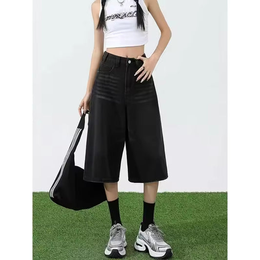 Summer Loose Fit Blue Jeans Shorts Women's Wide Leg Straight Cut Pants Casual Thin Material Five Color Options Available